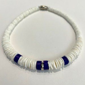 Puka Shell Ankle Bracelet with Blue/Silver Tone Accent and Clasp
